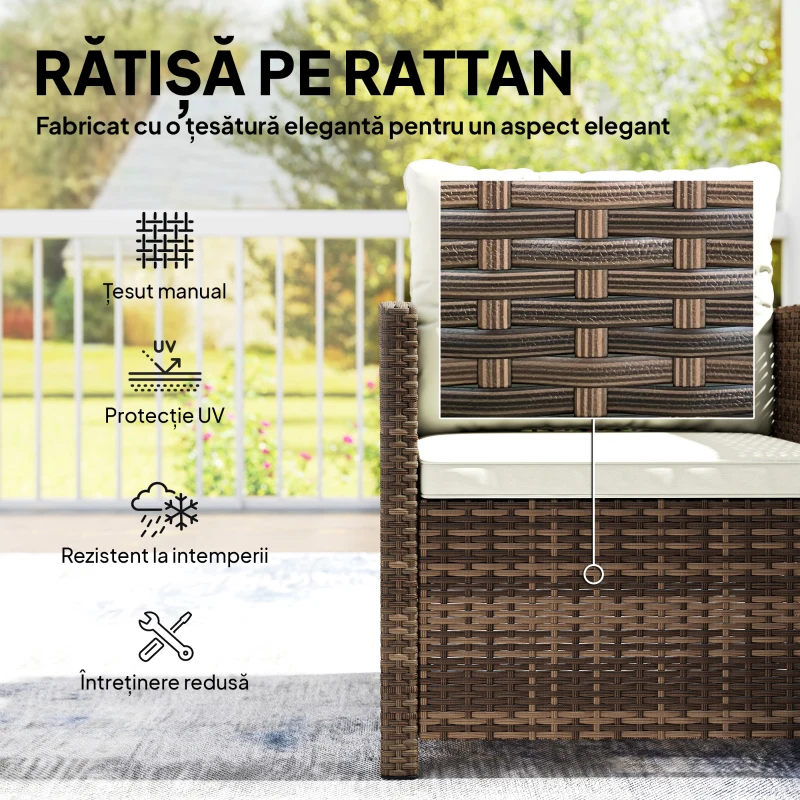 Outsunny Set Bistro pentru Exterior 3 Piese din Ratan cu Măsuță pe 2 Niveluri, Perne pentru Balcon și Terasă, Maro și Crem