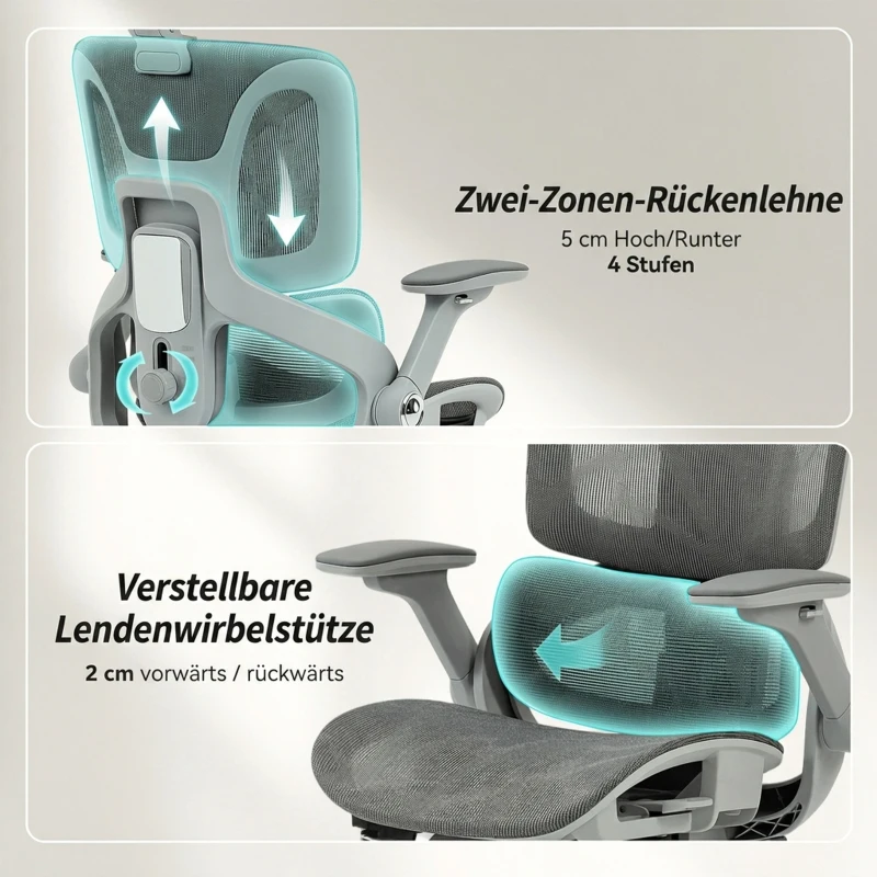 HOMCOM Ergonomische mesh bureaustoel met gesplitste rugleuning, lendensteun en 4D opklapbare armleuningen, grijs