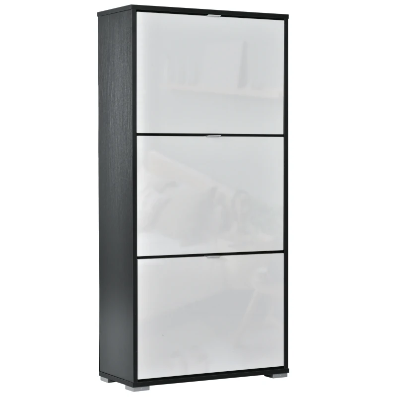 HOMCOM Meuble à Chaussures 3 Portes abattantes 3 Compartiments MDF Noir Blanc laqué