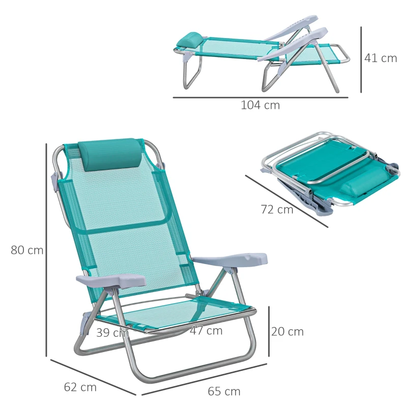 Outsunny 2-delige set inklapbare campingstoelen met 6-voudig verstelbare rugleuning en hoofdsteun, 62 x 65 x 80 cm, turquoise