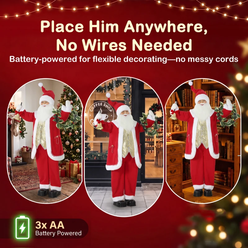 HOMCOM 5ft Life Size Singing Santa Claus, Standing Christmas Animated Santa Figure with Bell and Wreath, Sound/Touch Activated