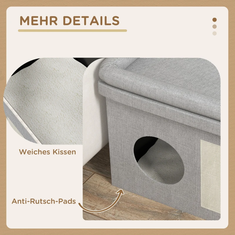 PawHut Kattenhuis, voerbak met 2 roestvrijstalen kommen, krabmat, zacht ligkussen, 78 x 48 x 49,5 cm, grijs