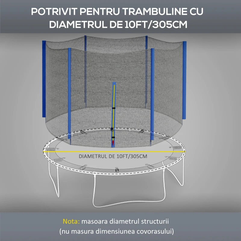 SPORTNOW Plasă de protecție pentru trambuline cu 6 stâlpi și intrare cu fermoar, din PE, Ø305x180 cm, neagră și albastră