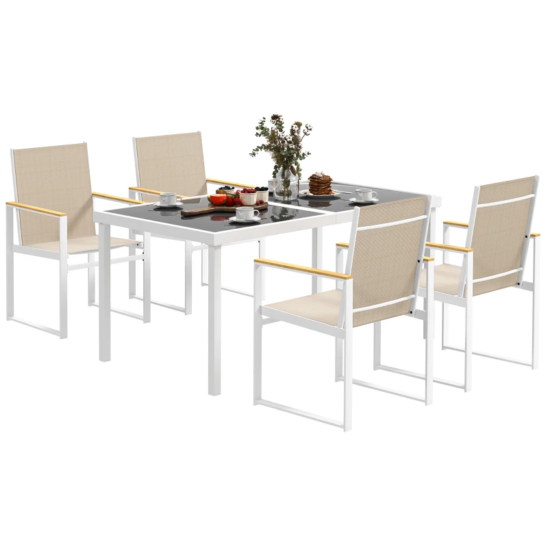 Outsunny 5-delig eetset voor buiten, tafel met gehard glas, 4 stoelen, weerbestendig, stalen frame, terrasmeubilair, Meerkleurig