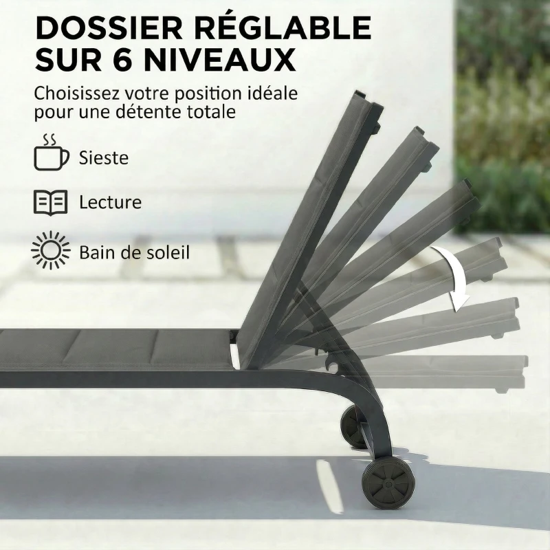 Outsunny Bain de Soleil en Aluminium, Dossier Réglable 6 Positions avec Roues, Rembourrage Intégré, 62x165x94cm, Gris Foncé