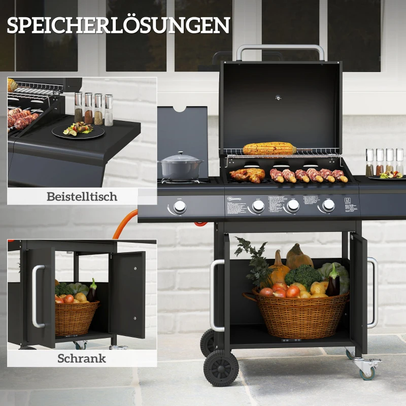 Outsunny Mobiele gasbarbecue met opbergruimte, zijtafel, zijbrander, warmhoudrooster, thermometer, roestvrij staal, zwart