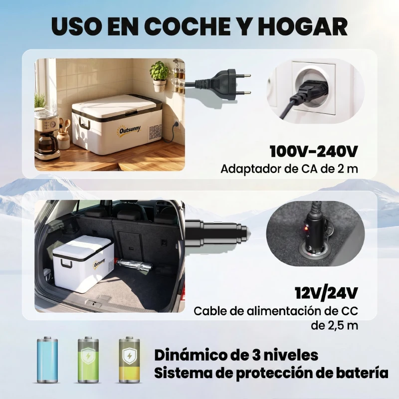 Outsunny Nevera Portátil Eléctrica 18L 12/24V hasta -20℃ Nevera y Congelador de Compresor para Coche con Doble Zona Luz LED Asas Plegables Bajo Consumo Energético para Camping 58,5x33,5x29,2 cm Blanco