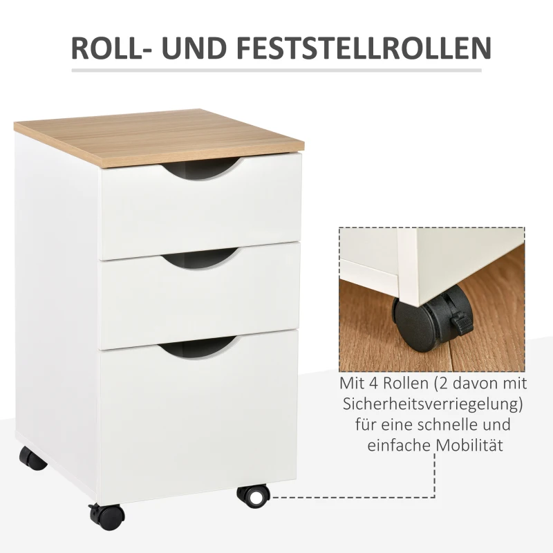 HOMCOM Rolcontainer archiefkast kantoorkast met 3 schuiflades 4 wielen MDF wit + naturel