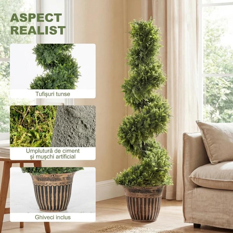 HOMCOM Set 2 Chiparoși Artificiali Spiralați 120 cm cu Ghiveci, pentru Decor Interior și Exterior, Verde