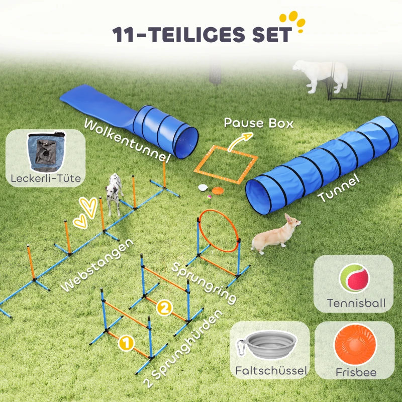 PawHut Agility-set Honden 11-delig Agility-uitrusting voor honden met 2 tunnels Hoogteverstelbare springring & horden Slalomstok