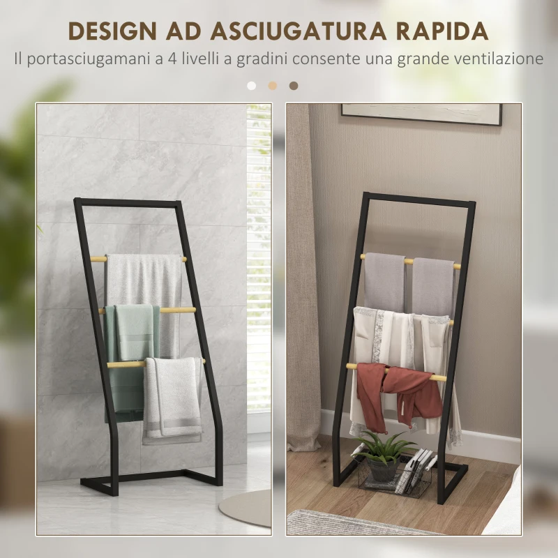 HOMCOM Portasciugamani a 4 Sbarre in Acciaio e Bambù, 40.5x28x98cm, Nero e color Legno