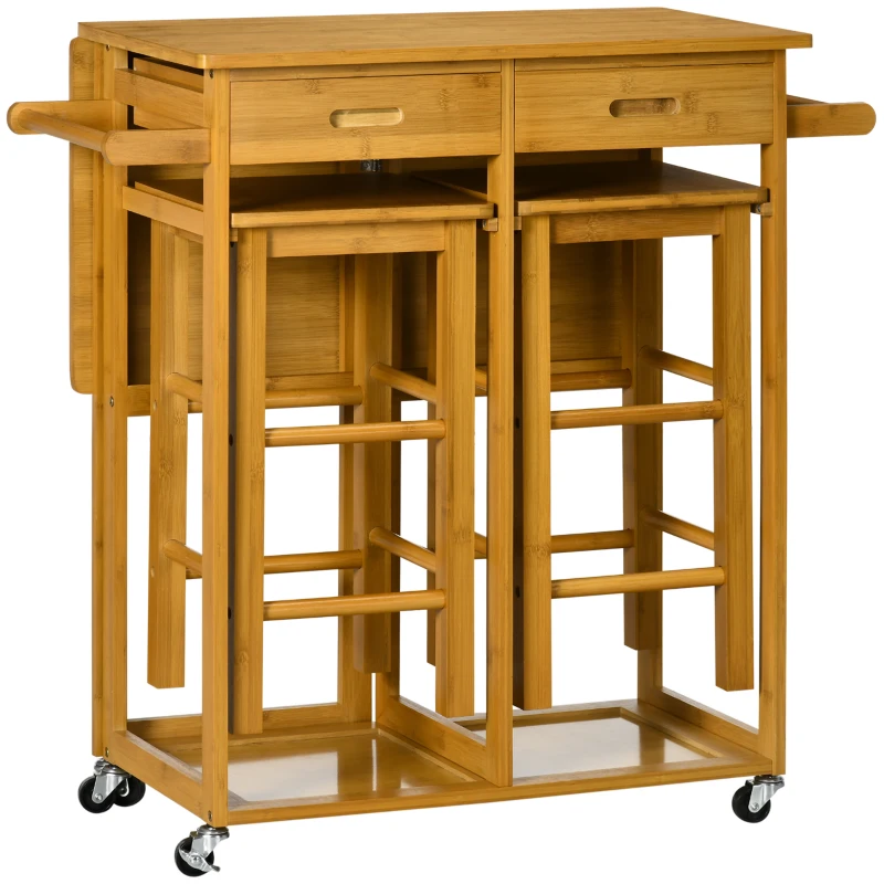 HOMCOM Carrello da Cucina con Tavolino Pieghevole e 2 Sgabelli, Ruote e Cassetti in Legno di Bambù