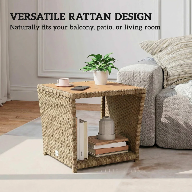 Outsunny Side Table 2-Tier Outdoor Coffee Table with Storage Shelf PS Wood Slat Top/Khaki