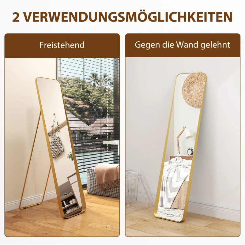 HOMCOM Passpiegel, vrijstaand, kantelbaar, metalen frame, MDF, 160 x 40 cm, goudkleurig