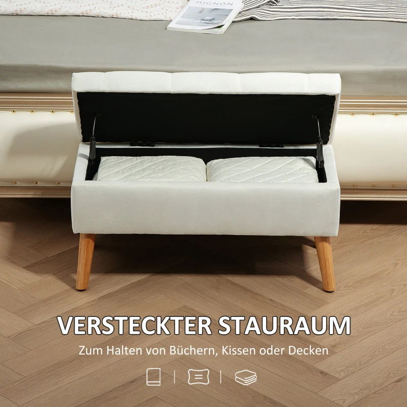 HOMCOM Gestoffeerde Bank met Opbergruimte, Fluweelachtige Stofbekleding, Houten Poten, Voor Woonkamer, Slaapkamer, Hal, 80 x 35 x 42 cm, Wit