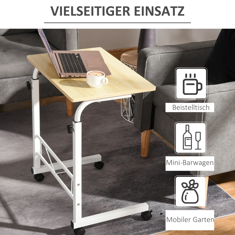 HOMCOM bijzettafel in hoogte verstelbare salontafel verrijdbaar bureau met wielen parkeerremmen C-vormige tafel spaanplaat staal ijzer kunststof wit esdoorn 60 x 40 x 68-78 cm