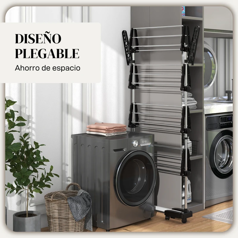 HOMCOM Tendedero Vertical de 4 Niveles con Ruedas 2 Laterales Abatibles Estantes Ajustables y Marco de Acero Negro y Plata