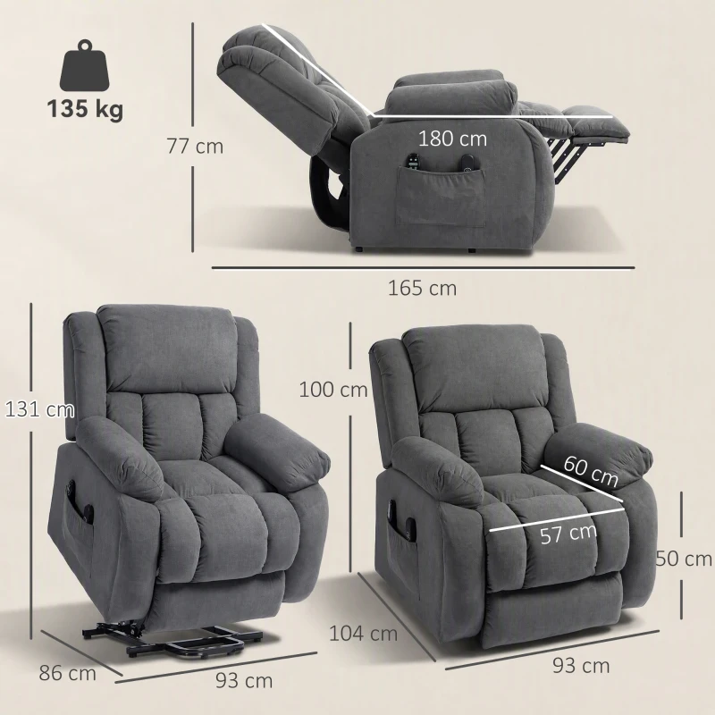 HOMCOM TV-fauteuil met massage- en verwarmingsfunctie, elektrische sta-op fauteuil, afstandsbediening, zijvakken, grijs