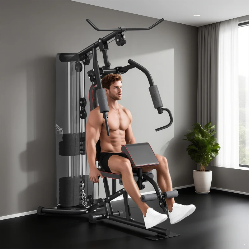 HOMCOM Fitnessapparaat voor thuis, Trainingsstation, Halterbank, Borstpers, Staal, 170x104x205 cm, Zwart