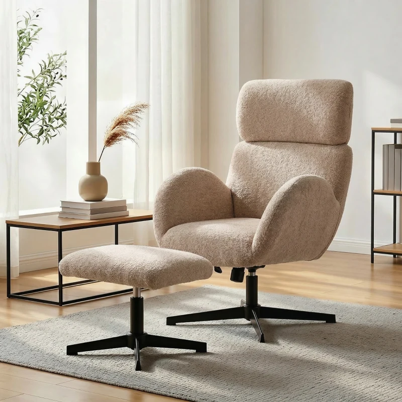 HOMCOM Swivel Armchair and Footstool Set, Height Adjustable Accent Chair with Adjustable Headrest, Rocking Function, Light Brown