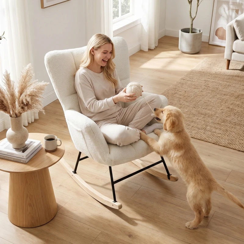 HOMCOM Rocking Chair, Teddy Fleece Rocker Chair with Tufted Wingback, Side Pockets, Rubber Wood Legs, Cream White