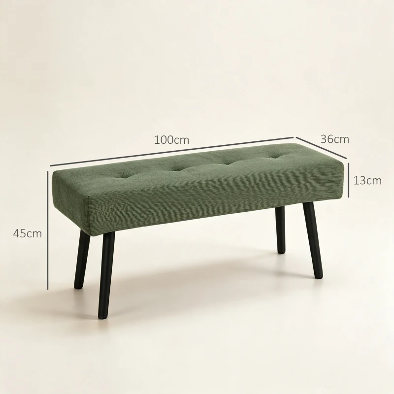 HOMCOM Banco Pie de Cama Tapizado en Pana con Asiento Acolchado Diseño Capitoné y Patas de Acero para Dormitorio Verde