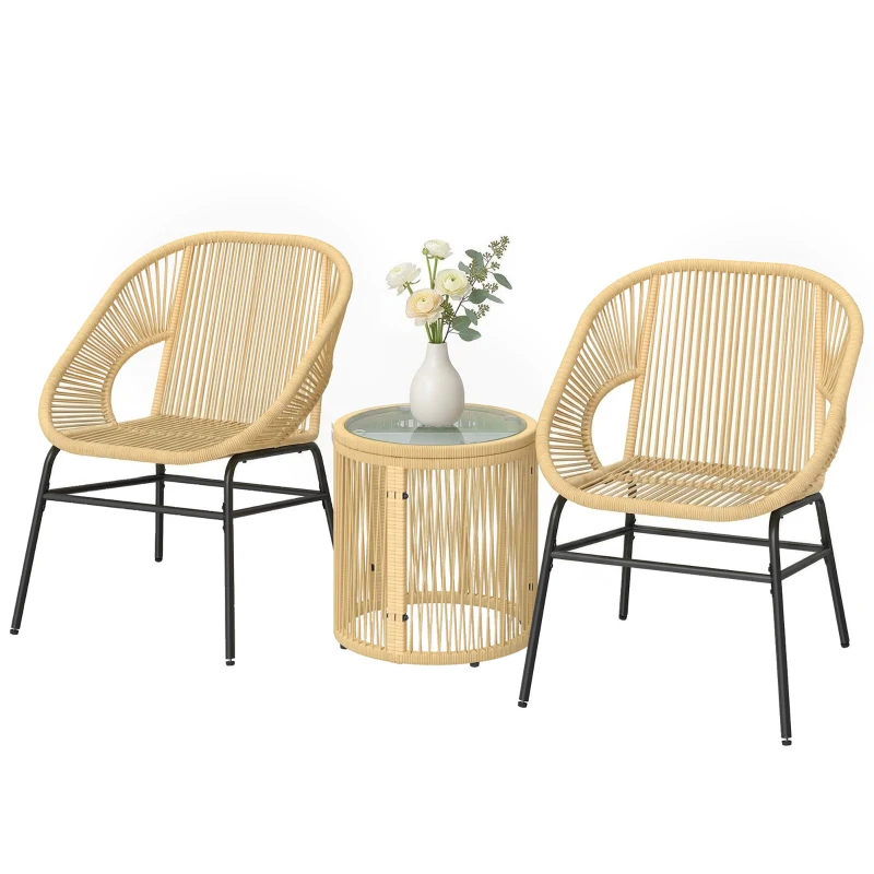 Outsunny Set da Bistrò da 3 Pezzi in Rattan e Acciaio con 2 Sedie, Tavolo Rotondo con Piano in Vetro Temperato, Beige