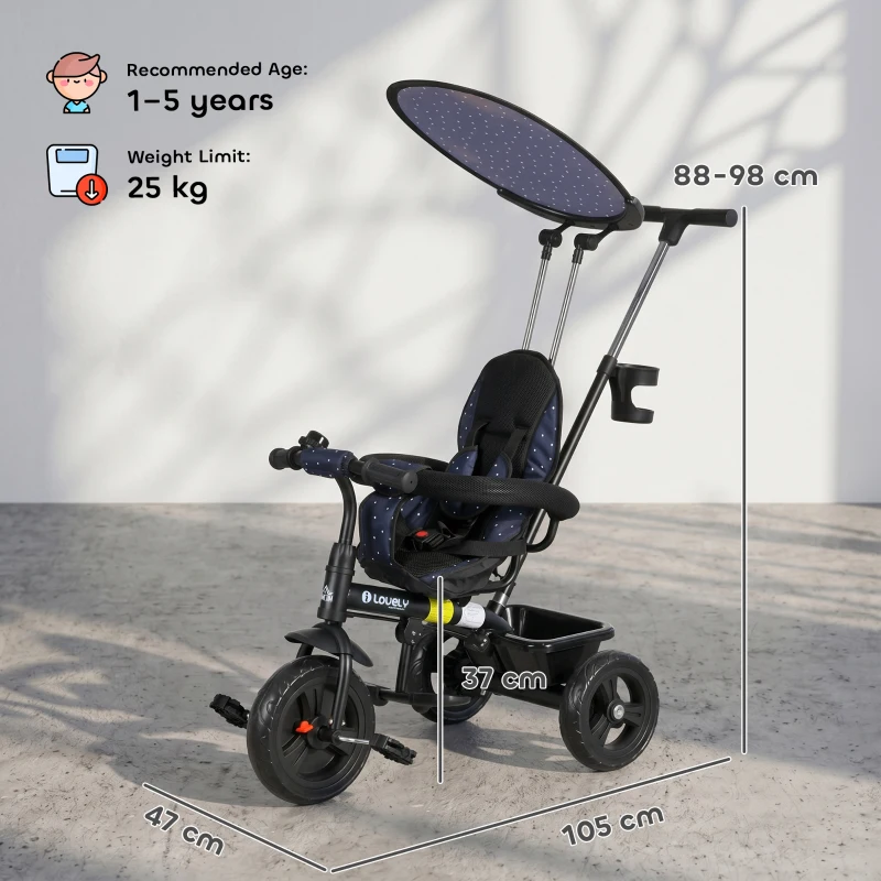 HOMCOM 6 in 1 Tricycle for Kids with 5-point harness straps, Removable Canopy, Dark Blue