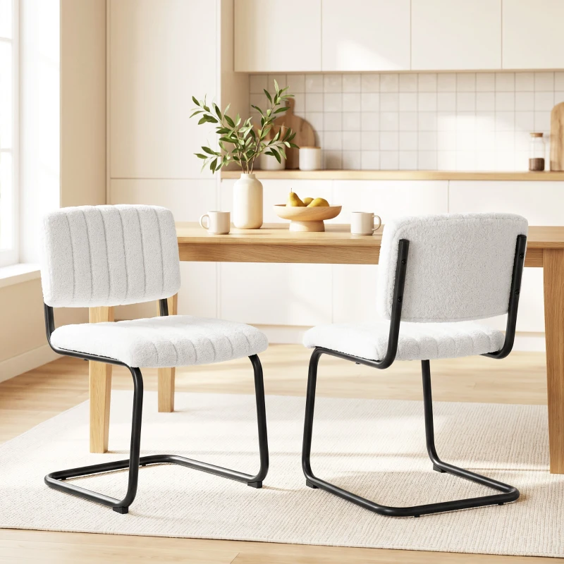 HOMCOM Eetkamerstoelen set van 2 met modern sledeframe, hoge rugleuning en teddylook, voor keuken of eettafel, crème