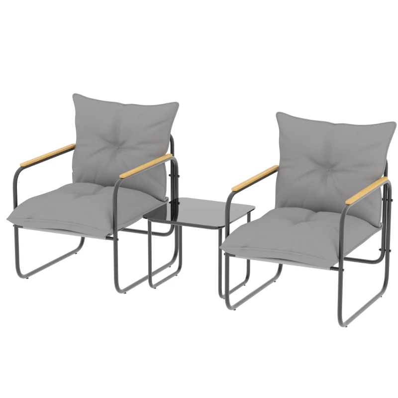 Outsunny Salon de Jardin 3 Pièces, 2 Fauteuils avec Coussins Épais, 1 Table Basse en Verre Trempé, 59x73x72cm, Gris Foncé