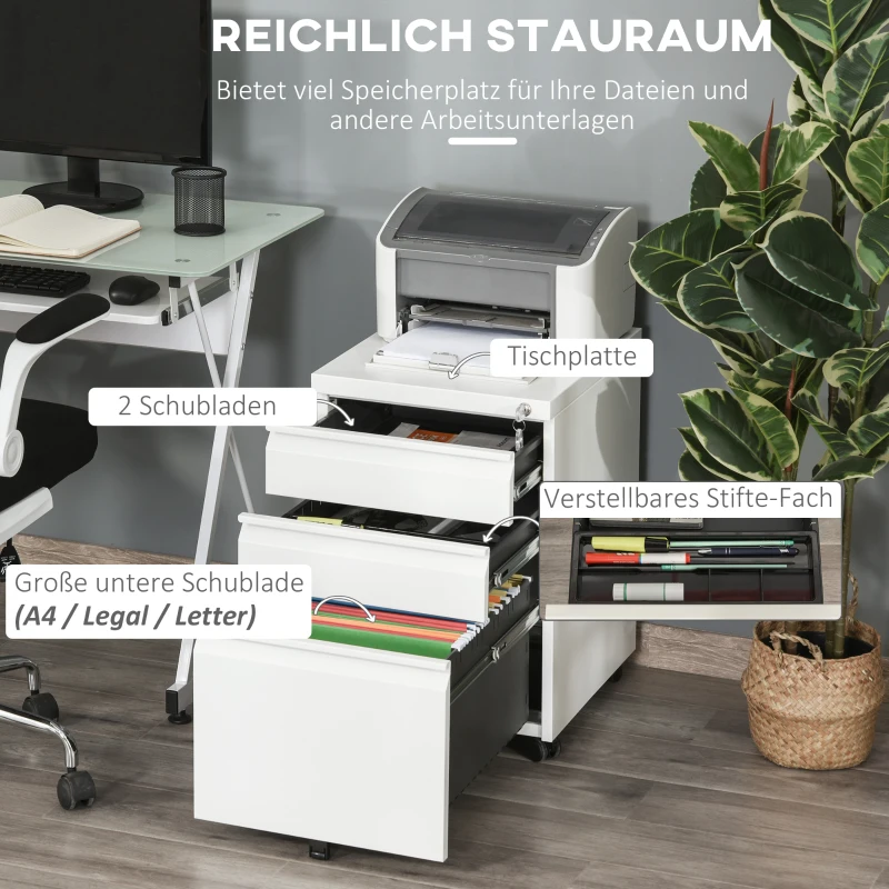 HOMCOM Rolcontainer met 3 lades – Mobiele archiefkast met wielen, afsluitbaar Bureau- en thuiskantoor kast met concave grepen, 39 x 48 x 60 cm,Wit