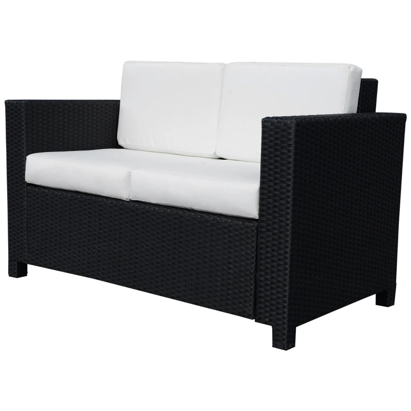 Outsunny Rattan Sofa, 2 Seater Garden Furniture with Soft Padded Cushion and Armrests, Wicker Garden Loveseat for Patio, Black