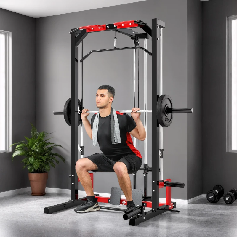 SPORTNOW Cable Crossover Machine, Multi-Function Power Rack with Pull Up Bar, Lat Pull Down System, Squat Rack, Barbell Bar