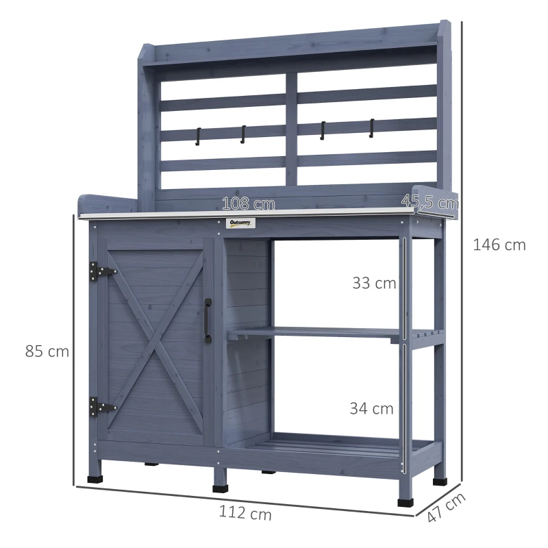 Outsunny Tuinset met opbergkast, aluminium werkblad, opbergruimte, 112x47x146cm, Grijs(m-3)