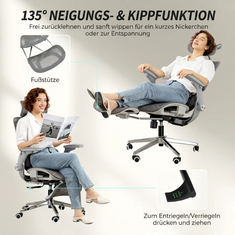 HOMCOM Ergonomische mesh bureaustoel met gesplitste rugleuning, lendensteun en 4D opklapbare armleuningen, grijs