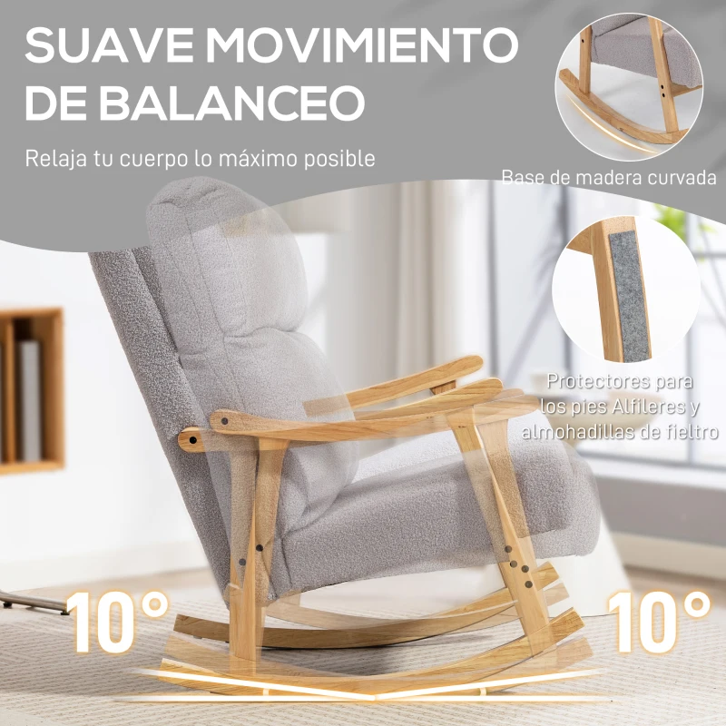 HOMCOM Silla Mecedora de Borreguito con Patas y Reposabrazos de Madera de Caucho Mecedora Carga 120 kg Gris Claro