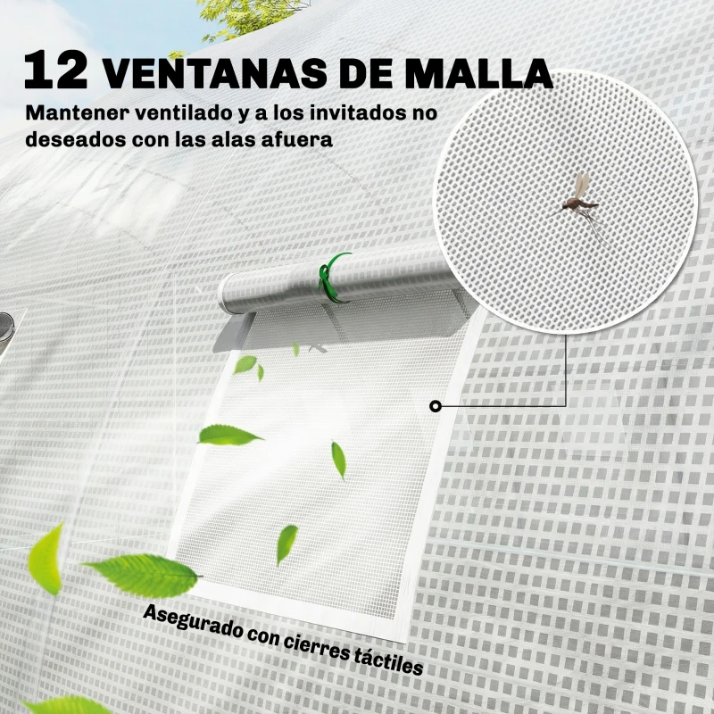 Outsunny Invernadero de Túnel con 2 Varillas de Soporte 2 Puertas Enrollables y Ventanas de Malla Cubierta de PE Anti-UV Blanco