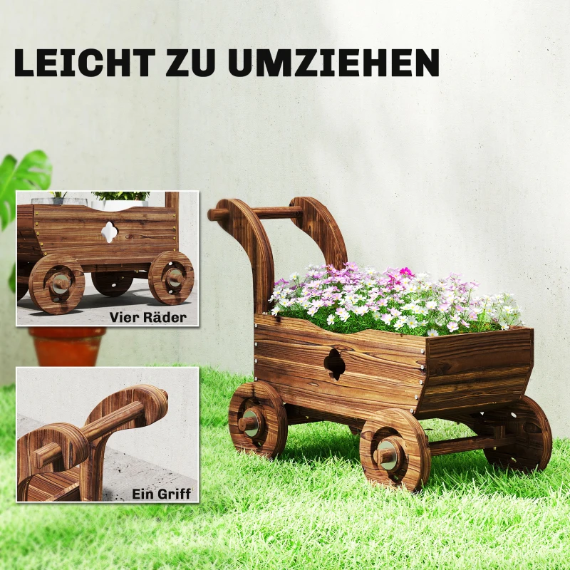 Outsunny Verhoogde plantenbak hout – kruiwagenvorm met 4 wielen & handgreep 68 x 38 x 52 cm