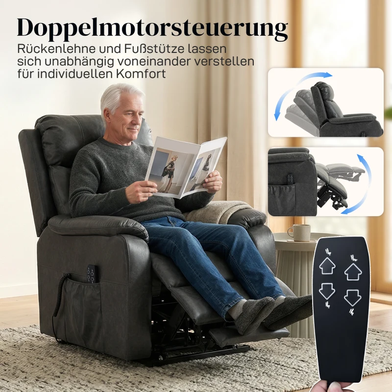 HOMCOM Relax- en opsta-stoel voor senioren, elektrische liftstoel van kunstleer met dubbele motor, pocketveren, zwart