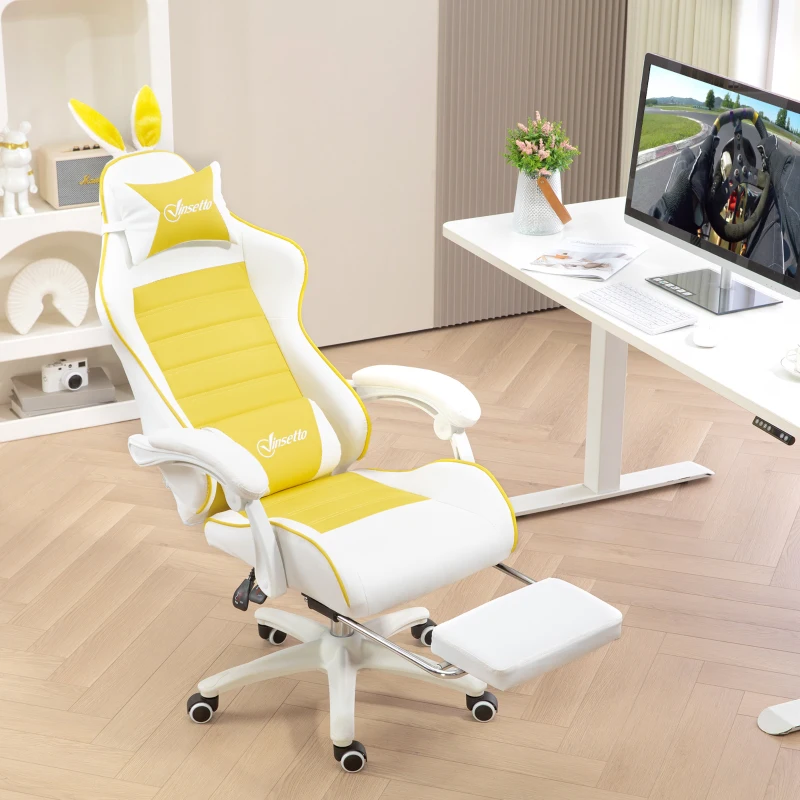 Vinsetto Gaming Chair with Rabbit Ears and Footrest, Ergonomic Computer Chair for Girls Adults, with Headrest, Lumbar Support, Reclining Back, Swivel Wheels, Yellow and White