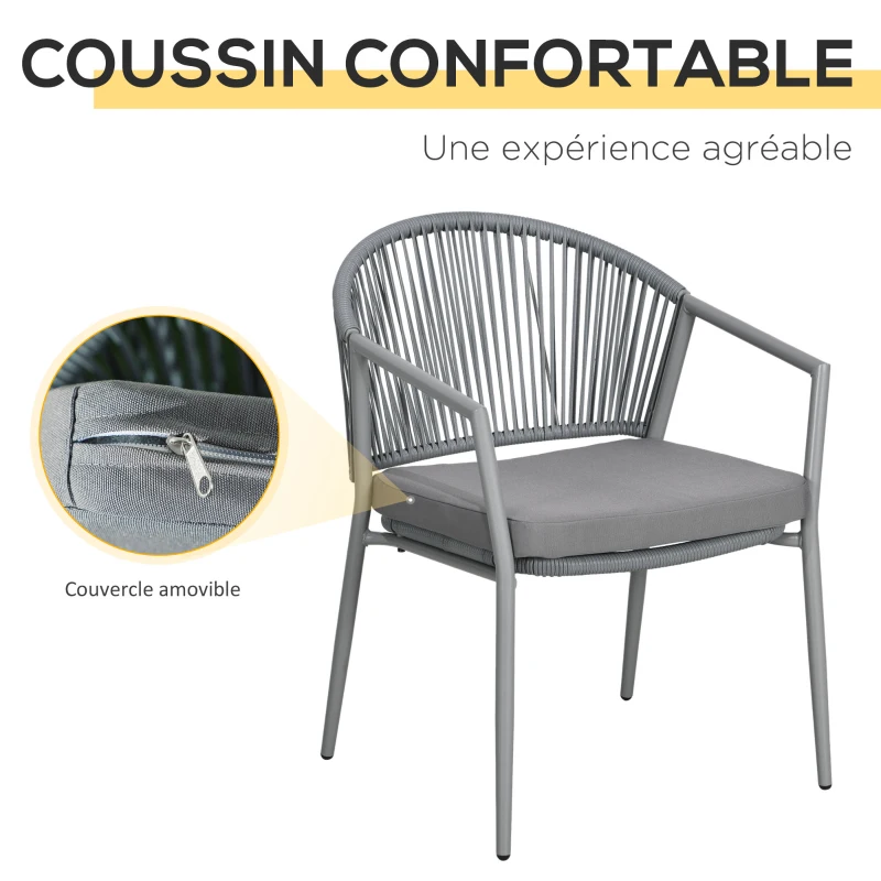 Outsunny Salon de jardin bistrot 3 pièces cadre en acier 2 fauteuils 1 table basse plateau en verre trempé coussins inclus gris
