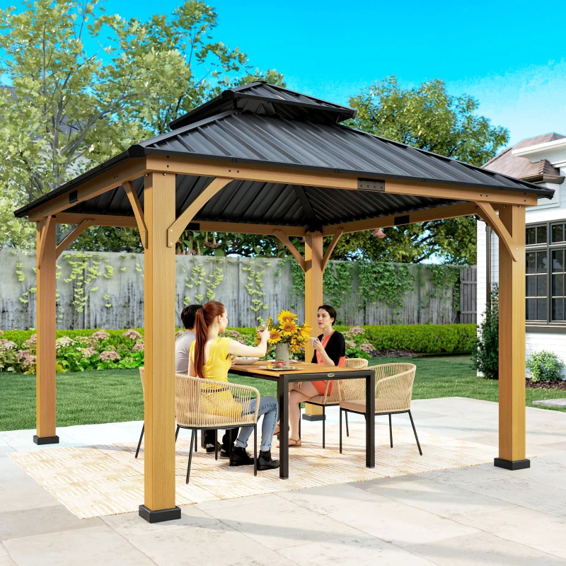 Outsunny 3.5 x 3.5m Outdoor Hardtop Gazebo Canopy with Two-tier Metal Roof and Solid Wood Frame Outdoor Patio Shelter for Patio, Garden, Black