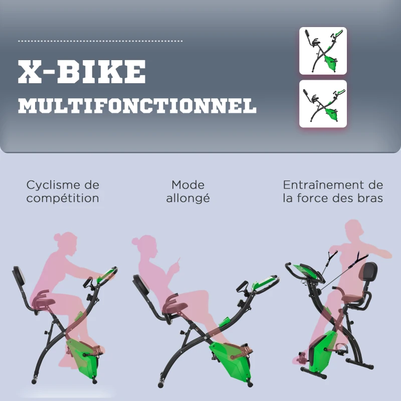 HOMCOM Vélo d'Appartement Pliable 4-en-1 - Ergomètre Magnétique Silencieux avec Cordes de Résistance - Sport Maison et Cardio-training avec Roulettes, Selle Confort et LCD (Max 120kg), Vert