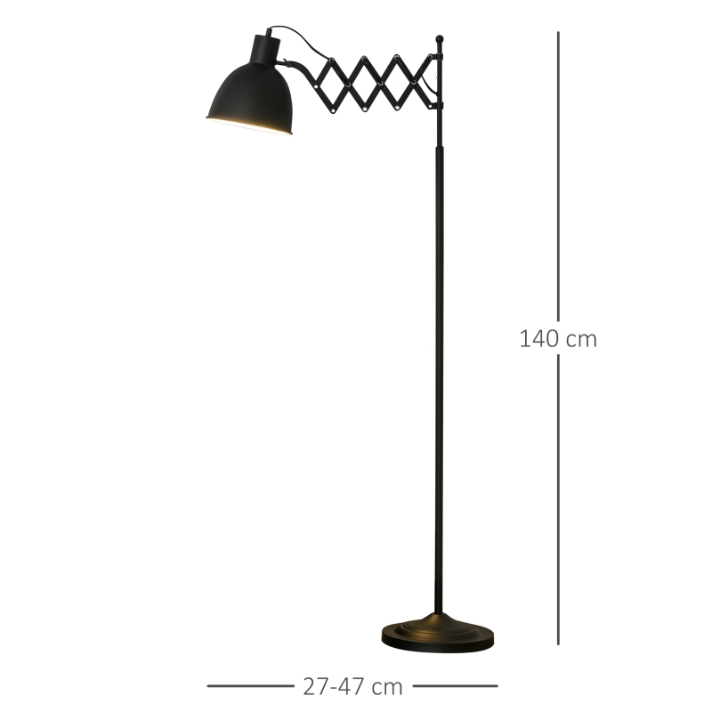 HOMCOM Lampada da Terra 140cm con Paralume Regolabile ed Estraibile, Base Rotonda, Interruttore a Pedale in Metallo Nero
