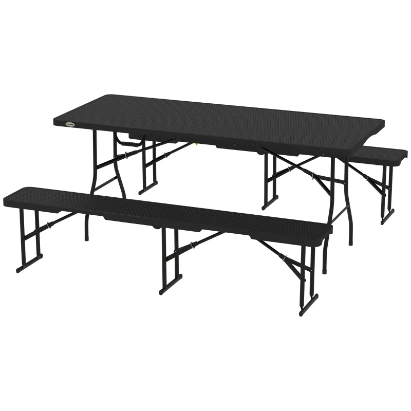 Outsunny Picknicktafel en Banken, 3-Delige Set, Opvouwbaar, Kunststof, Metaal, Zwart