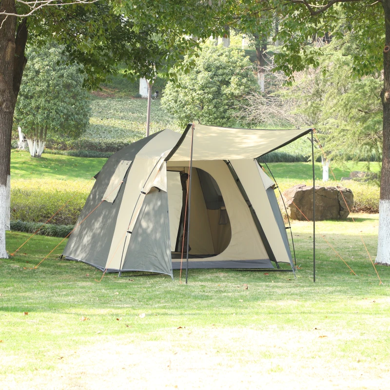 Outsunny Tente pop up montage instantané - tente de camping familiale 3-4 pers.  - 2 portes + 2 fenêtres + chambre - dim. 2,25L x 4,45l x 1,75H m fibre verre polyester oxford beige vert kaki