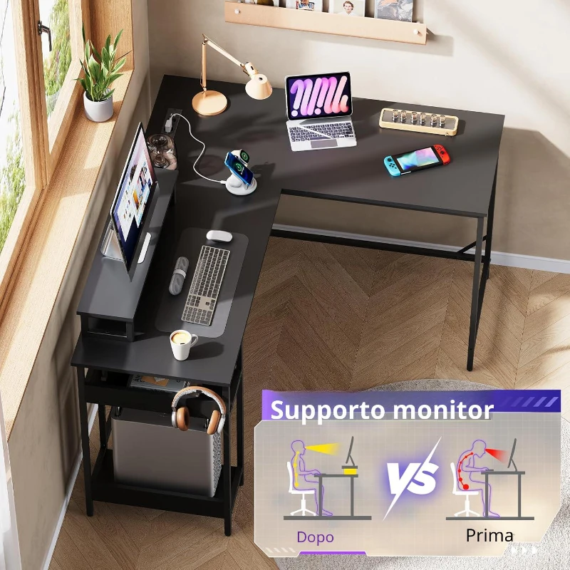 Scrivania da gaming 2-in-1, convertibile in forma a L o a I, ripiano rialzato per monitor, 140x50x87,5 cm, Nero