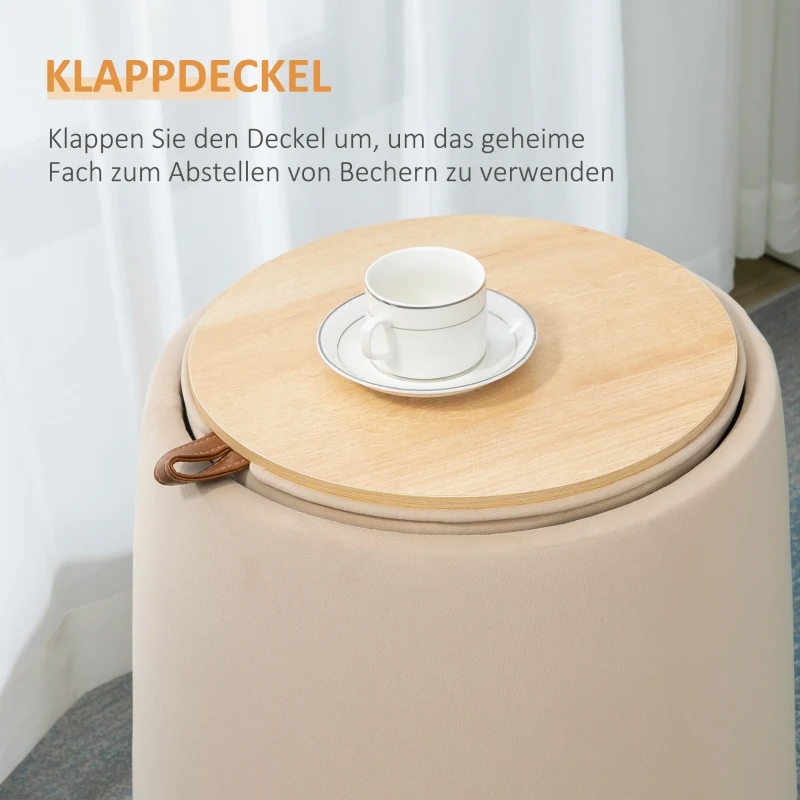 HOMCOM 2-in-1 Ottomaanse kruk, ronde gestoffeerde kruk, voetenbank met opbergruimte, afneembaar deksel in fluweellook, bijzettafel voor woonkamer, slaapkamer, beige, Ø44 cm x 47,5 cm