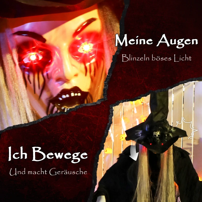 Outsunny 170 cm Halloween Decoratie Halloween Heks met LED-lichten, Geluidsfunctie verstelbare Armen, Hoofd