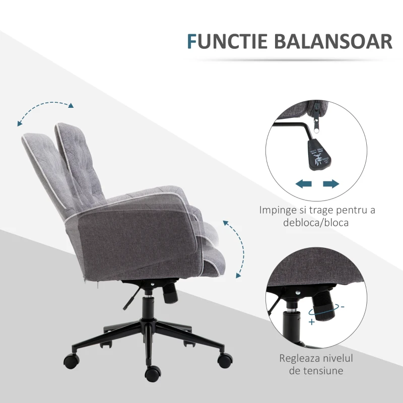 HOMCOM Scaun de birou tapițat, reglabil pe înălțime, din material textil cu aspect de in, 66x69x89.5-97 cm, gri
